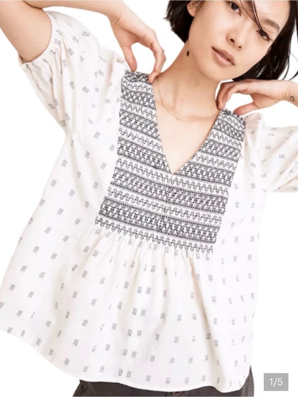 Madewell Woven Embroidered V-Neck Top- Cream with Navy Embroidery